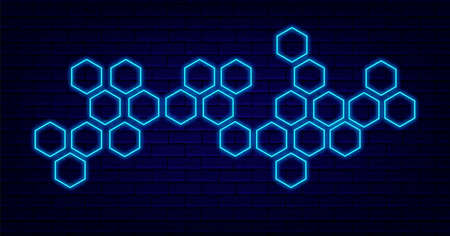 Honeycomb blue neon background. polygonal shape. abstract banner. Shiny flyer on brick wall. Minimal...
