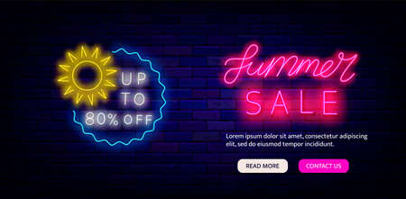 Summer sale neon flyer. Website landing page template. Shiny sun. Special offer promotion. season advertising. night bright poster. Shiny effect banner. Editable stroke. Vector stock illustrationのイラスト素材