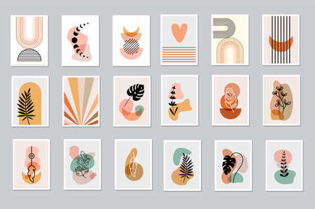Boho poster collection. Balance, striped shapes and moon. Wall art designs bundle. Tropical leaves...