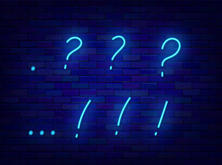 Exclamation mark and question marks collection. Communication and quiz concept. Online messaging. Glowing effect banner. Luminous signs. Vector stock illustration