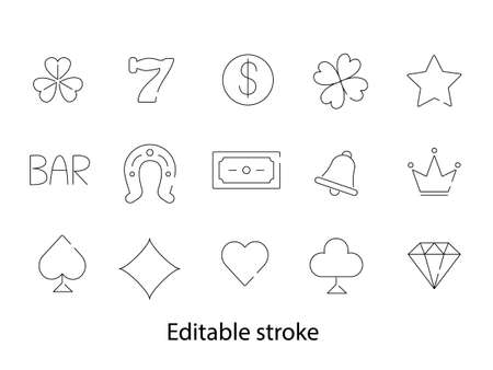 Casino line icons collection. playing cards and money. Slot machine sign set. Bell and horseshoe. Contour symbols pack. Editable stroke. Isolated vector stock illustrationのイラスト素材