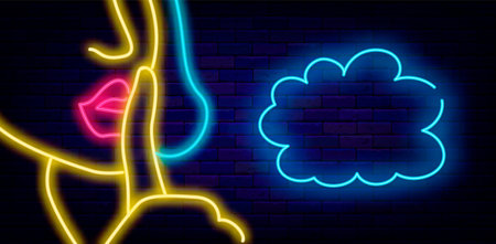 Pop art neon banner for advertising. Woman shh concept. Blue speech bubble. Luminous label. beauty salon promotion. Space for text. Shiny effect banner. Editable stroke. Vector stock illustrationのイラスト素材