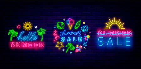 Summer sale neon signs collection. hello summer badge. Sun and tropical leaves. Season discount labels set. Holiday special offer. Glowing effect banner. Editable stroke. vector illustrationの写真素材
