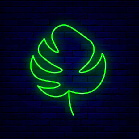 Tropical leaf neon icon. Summer concept. Botanical monstera symbol. Jungle and nature. Night bright signboard. Outer glowing effect banner. Editable stroke. Vector stock illustrationの写真素材