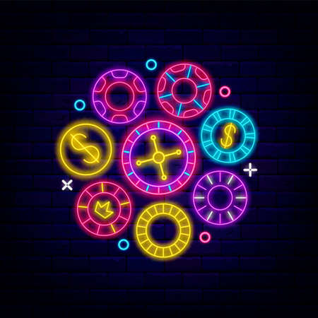 Casino chips neon sign. Circle layout with counters. Jackpot concept. Gambling online design. Winner concept. Bright logotype. Editable stroke. Vector stock illustrationのイラスト素材