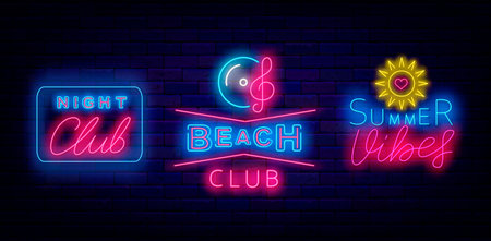 Summer neon signs collection. Night club and Beach club. Summer vibes with sun. Season holiday. Event labels set. Glowing effect banner. Editable stroke. Vector stock illustrationの写真素材