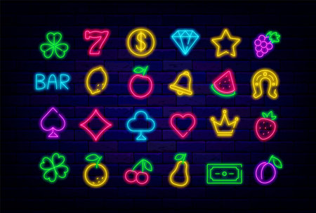 Casino neon icons bundle. Slot machine signs. Poker and gambling element. Playing cards emblems collection. Jackpot and winner concept. Glowing shiny . Editable stroke. Vector stock illustrationの写真素材