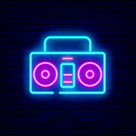 Vintage music player neon icon. audio recorder. pop art style. Shiny effect banner. Pictogram on brick wall. Luminous label. Vector stock illustrationの写真素材