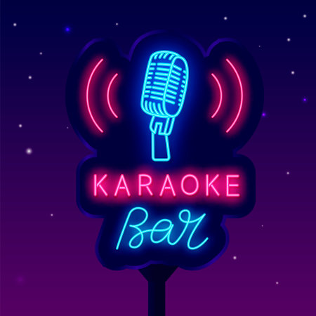 Karaoke club neon signboard. Blue microphone icon. street billboard. talent show. light sign. Label for party. Outer glow effect. Editable stroke. Vector stock illustrationの写真素材