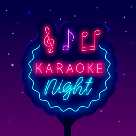 Karaoke night neon sign board. Circle wavy shape and notes. Night street billboard. Shiny advertising. talent show. label for show. Outer glow effect. Vector stock illustrationの写真素材