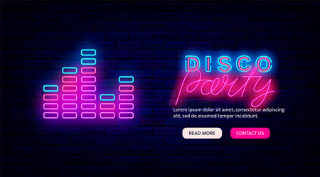 Dj party neon promotion template. website landing page. music equalizer. soundwaves. Night club event promotion. Outer glow effect poster. Vector stock illustrationのイラスト素材