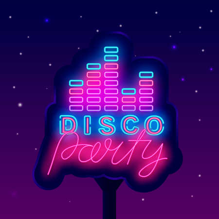 Disco party neon signboard. light street billboard. music equalizer. Night club event promotion. Outer glow effect. Editable stroke. Vector stock illustrationのイラスト素材