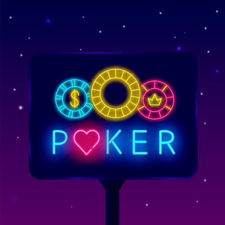 Poker club neon billboard with chips. Card games lover. Bright street advertising. online gambling. Winner concept. Glowing label on brick wall. Vector stock illustrationの写真素材