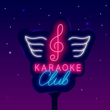 Karaoke club neon signboard. Treble clef with wings emblem. Night street billboard. talent show. light sign. Label for party. Outer glow effect. Vector stock illustrationの写真素材