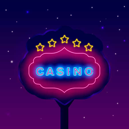 Casino neon sign with vintage frame and stars. Nght street billboard. Gambling concept. poker badge. bright . Promotion advertising. Editable stroke. Vector stock illustrationのイラスト素材