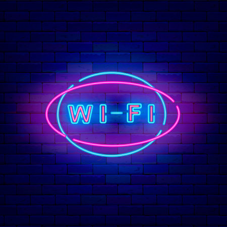 WiFi neon signboard. ellipse frame. Glowing internet label for cafe and bar. Fluorescent poster on brick wall. Vector stock illustrationの写真素材