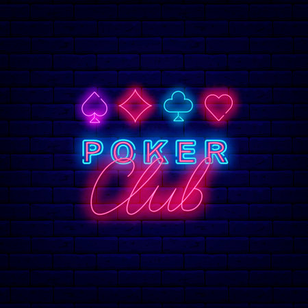 Poker club neon signboard. playing cards symbols. gambling game. Casino winning concept. Shiny bright . Editable stroke. Vector stock illustrationの写真素材