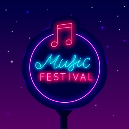Music festival neon billboard. Shiny street advertising. circle frame with notes icon. Karaoke and talent show. light sign. Label for party. Outer glowing effect banner. Vector stock illustrationの写真素材