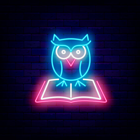 Owl on open book neon sign. smart education idea. school concept. University badge. Back to school design. knowledge label. Glowing advertising on brick wall. Vector stock illustrationの写真素材
