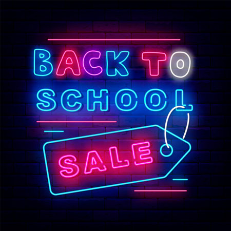 Back to school sale neon signboard. shopping typography design. education design. Welcome back to school. Special offer concept. Glowing advertising on brick wall. Vector stock illustrationのイラスト素材