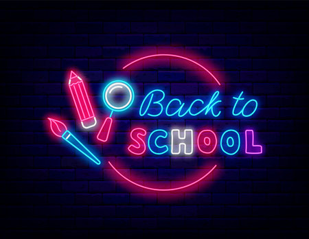 Back to school neon signboard. circle frame with stationery. Light greeting card. education design. welcome to school. season celebration. Glowing advertising. Vector stock illustrationのイラスト素材