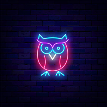 Simple owl neon icon. smart education concept. Back to school design. Academy . learning promotion. Glowing advertising on brick wall. Vector stock illustrationの写真素材