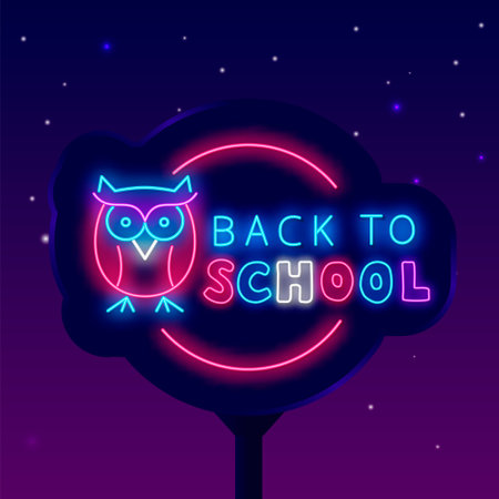 Back to school neon sign. Shiny street billboard. Owl in circle pink frame. education concept. welcome banner. Glowing advertising. Vector stock illustrationの写真素材