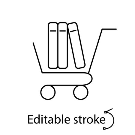 Shopping cart with books outline icon. Bookstore logotype. education emblem. library label. Back to school design. customizable linear item. Editable stroke. Isolated vector stock illustrationのイラスト素材