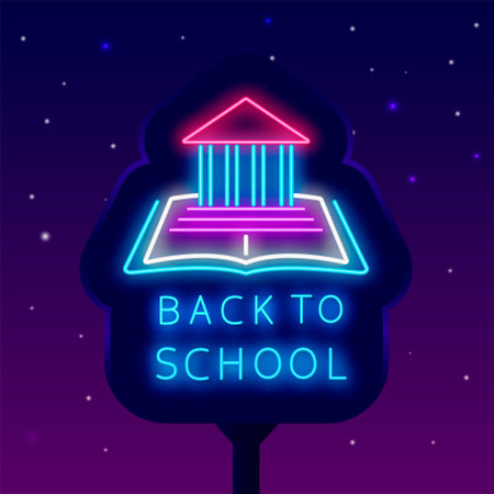 Back to school neon banner. Academy building on open book. street billboard. Welcome to education. Glowing advertising. Vector stock illustrationの写真素材