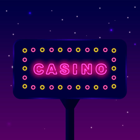 Casino neon sign with light bulbs frame. Gambling concept. Chance game emblem. Glowing banner. street billboard. night advertising. Vector stock illustrationのイラスト素材