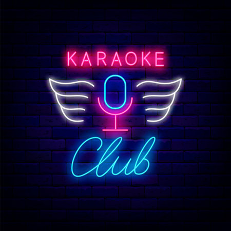 Karaoke club neon signboard on brick wall. Microphone with wings emblem.  talent show. lightsign. Label for party. Outer glowing effect banner. Vector stock illustrationのイラスト素材
