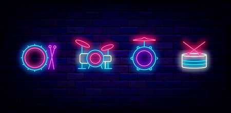 Drum and drumsticks neon signs collection. Drum school logotypes pack. hard rock musical instruments. nightclub logo. Shiny glowing symbols set. Editable stroke. Vector stock illustrationのイラスト素材