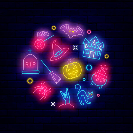 Happy Halloween neon circle layout template. Shiny greeting card. nightclub celebration. Pumpkin, witch cat and castle. Season october holiday. Glowing effect sign board. Vector stock illustrationのイラスト素材