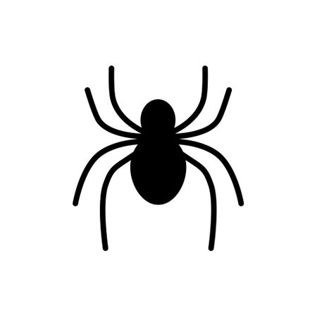 Terrible spider glyph icon. Abstract minimal insect. Happy halloween decoration. Season october holiday. Season october holiday. black silhouette symbol. Isolated vector stock illustrationのイラスト素材
