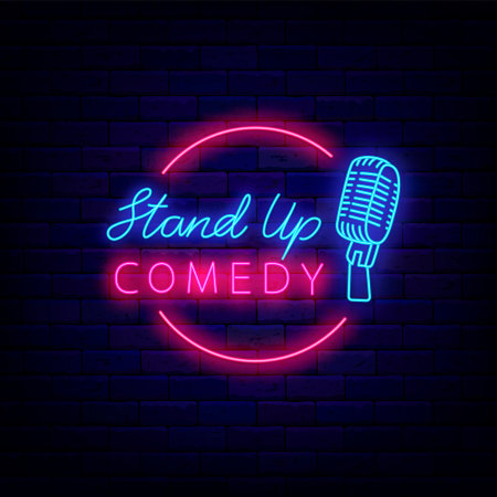 Stand up comedy neon signboard. circle frame with microphone. comic night. lightsign. party label. Glowing banner. Editable stroke. Vector stock illustrationのイラスト素材
