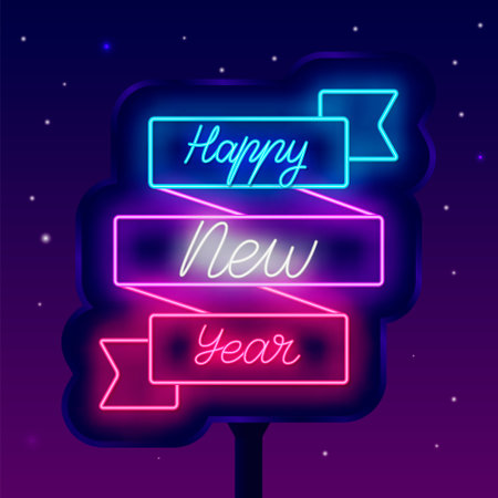 Happy New Year neon street billboard. Luminous outdoor advertising. Colorful ribbon frame. greeting card invitation. Winter holiday event. Editable stroke. Vector stock illustrationのイラスト素材