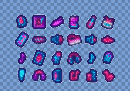 Music neon sticker collection. Microphone, dj mixer and piano. Column, notes and stand up. Drum and guitar. Light advertising. Vector stock illustrationのイラスト素材