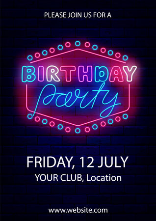 Birthday party neon vertical poster. Light advertising. retro frame with circles. Luminous signboard. Shiny greeting card. Glowing banner. Vector stock illustrationのイラスト素材