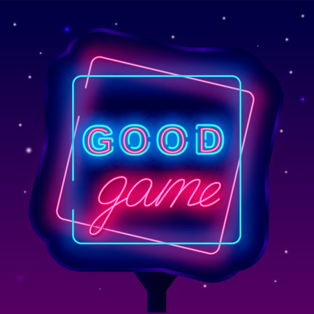 Good game neon street billboard. Winner sign. VR games banner. virtual reality label. game design badge. Glowing emblem. Shiny outdoor banner. Vector stock illustrationのイラスト素材