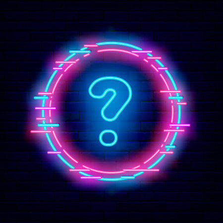 Blue question mark neon icon. Cyber circle frame. Test and exam concept. Quiz design. Shiny banner. Simple pictogram on brick wall. Luminous label. Vector stock illustrationのイラスト素材