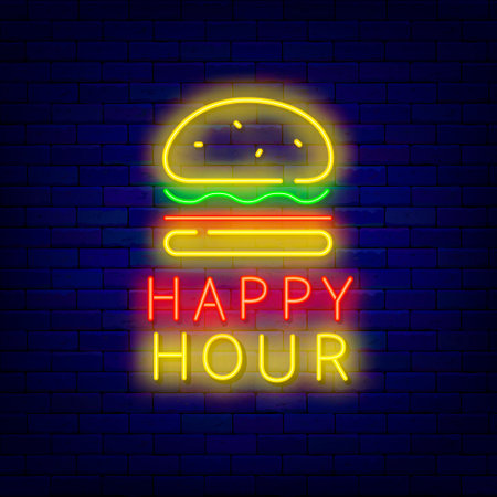 Happy hour neon label. burger icon. Fast food logotype on brick wall. Shopping cart with clock. sale time sign. Emblem for marketing, retail and cafe. vector storck illustrationの写真素材