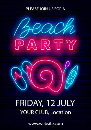 Beach party neon poster on brick wall. Boat, sea shell and slates. vertical template. Season summer event advertising. Dance event greeting card. Shiny promotion. Glowing banner. vector illustrationのイラスト素材