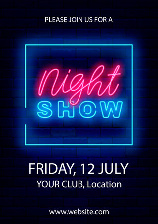 Night show neon flyer. square blue border. vertical poster. Evening performance banner template. Glowing announcement. dance party. Shiny greeting card. Vector stock illustrationのイラスト素材