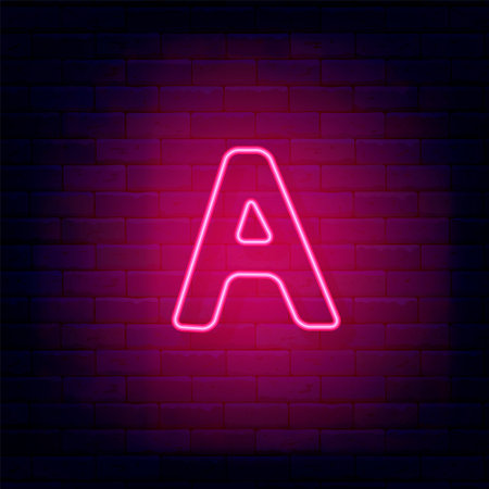 Neon letter A on brick wall. Shiny pink . simple shape. Glowing banner. Editable stroke. Vector stock illustrationの写真素材