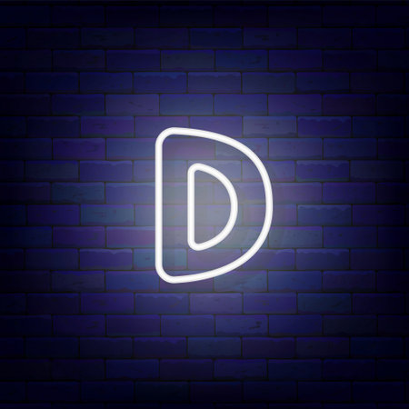 Neon letter D on brick wall. Shiny white logo. simple shape. Glowing banner. light emblem. Editable stroke. Vector stock illustrationの写真素材