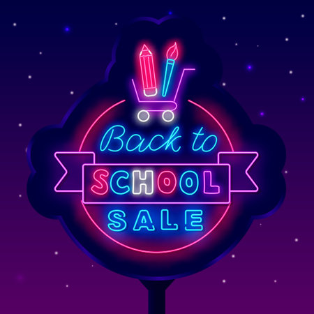 Back to school sale neon street billboard. Glowing outdoor advertising. Circle frame with ribbon and stationery. shopping cart. Special offer greeting card. Light advertising. vector illustrationの写真素材