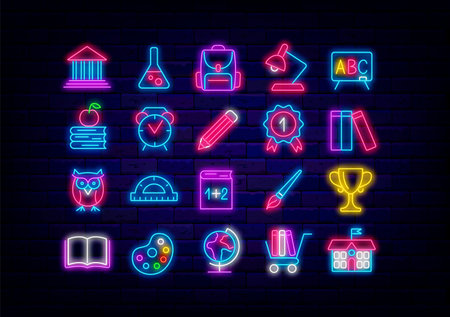 School neon icons pack. office store sign set. back to school. Globe, cup and paints. Owl, alarm clock and lamp. education emblem. Glowing advertising on brick wall. vector illustrationの写真素材