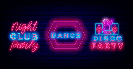 Night club party neon emblems collection. music festival event. performance flyer. Luminous banner set. DJ with player. Glowing banner. dance badge. Shiny greeting cards. Vector stock illustrationの写真素材