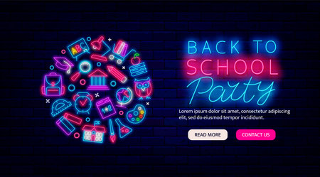 Back to school party neon flyer. Circle layout with icons. Landing page template. September holiday event. Shopping for students design. Editing text. Vector stock illustrationの写真素材