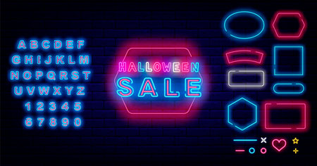 Halloween sale neon label. Special offer design. Luminous typography. scary holiday marketing. Shiny blue alphabet. October advertising. Geometric frames collection. Vector stock illustrationの写真素材